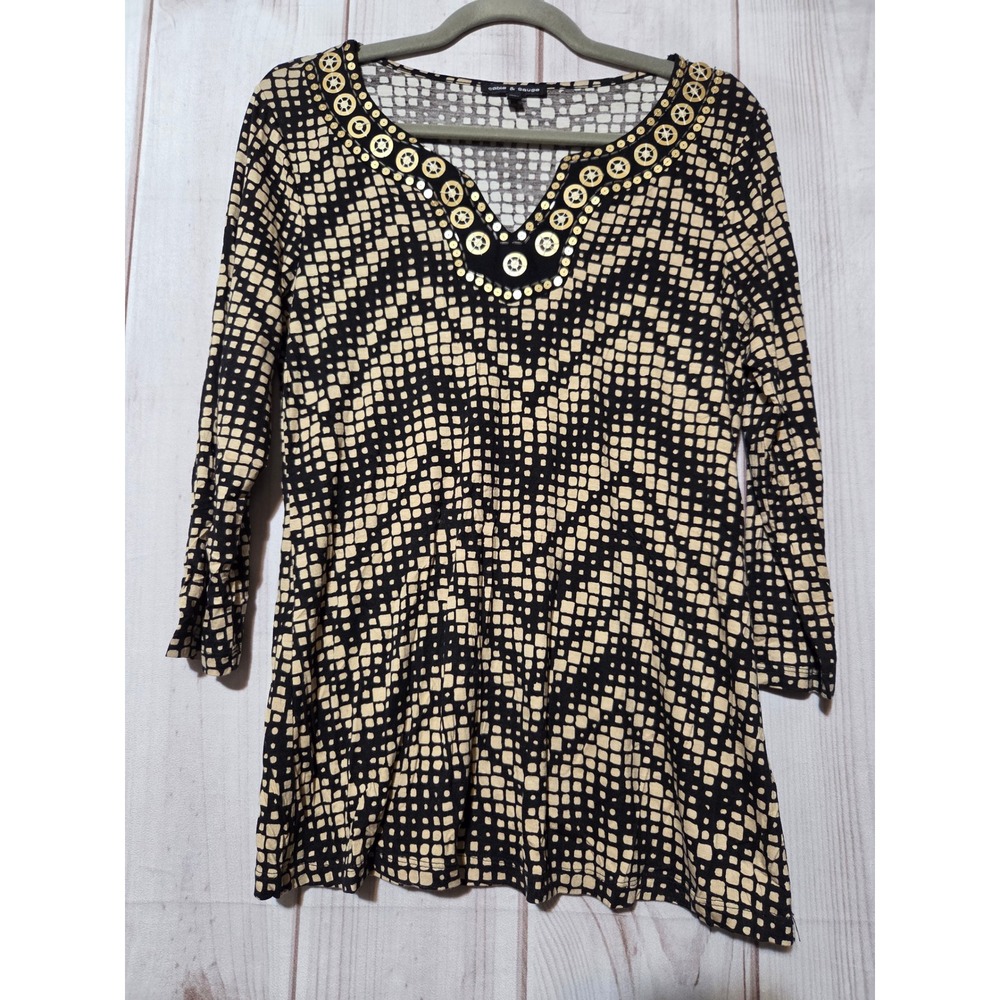 Cable & Gauge Womens Black Tan Geometric Chevron Beaded V-Neck 3/4 Sleeve Top M